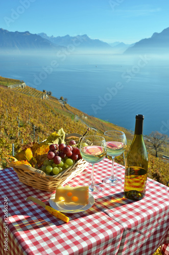 Wine and grapes against Geneva lake, Switzerland