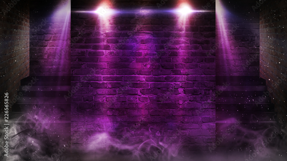 Background of an empty staircase, a brick wall, neon light, rays, smoke. Background of an empty staircase, a brick wall, neon light, rays, smoke.