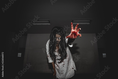 Portrait of asian woman make up ghost face with blood,Horror scene,Scary background,Halloween poster,Thailand people