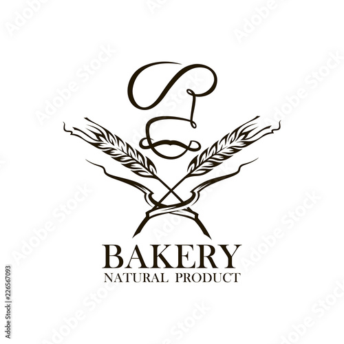monochrome icon of wheat ears and baker isolated on white background