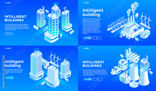 Intelligent building banner set. Isometric set of intelligent building vector banner for web design