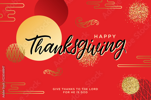 Hand drawn Happy Thanksgiving lettering typography poster. Celebration quotation for postcard, greeting card, icon, invitations, logo or badge. Vector gold glitter ornate calligraphy text with floral