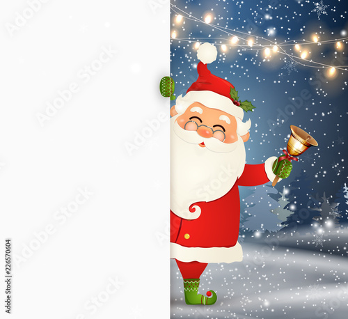 Happy smiling Santa Claus standing behind a blank sign, showing on big blank sign. Cartoon Santa Claus character with jingle bell and white copy space. Holiday winter landscape with firs, light, snow.