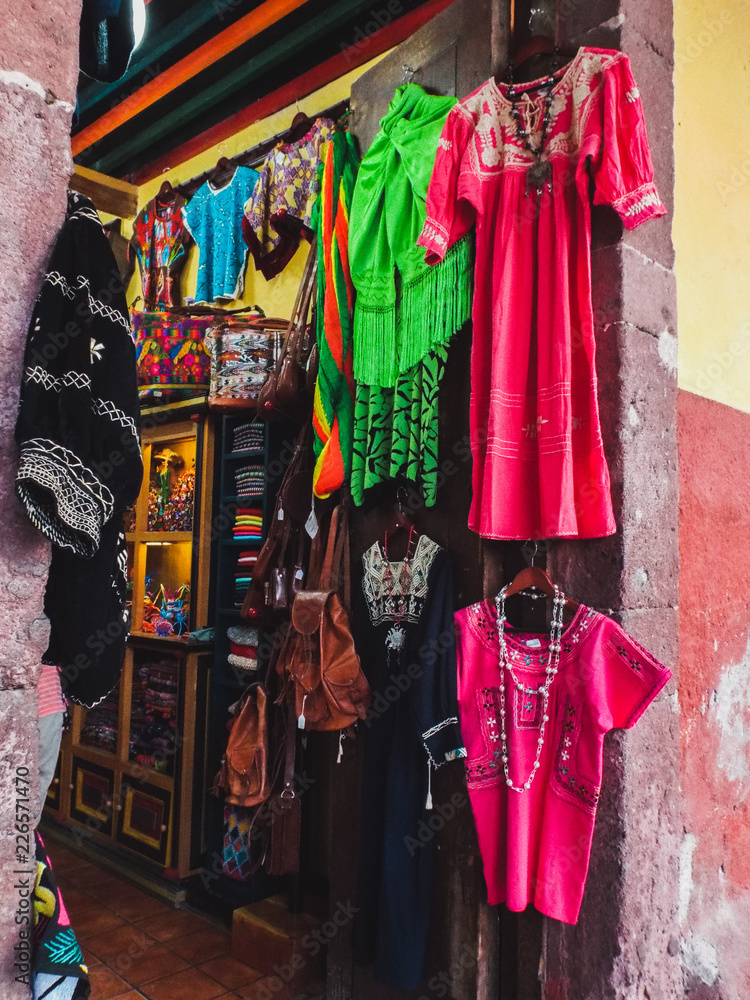 Mexican market with traditional clothes
