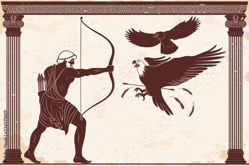 Hercules disperses the Stymphalian birds. 12 exploits of Hercules. Figure on a beige background with the aging effect.