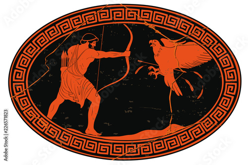 Hercules disperses the Stymphalian birds. 12 exploits of Hercules. Oval medallion isolated on a white background.