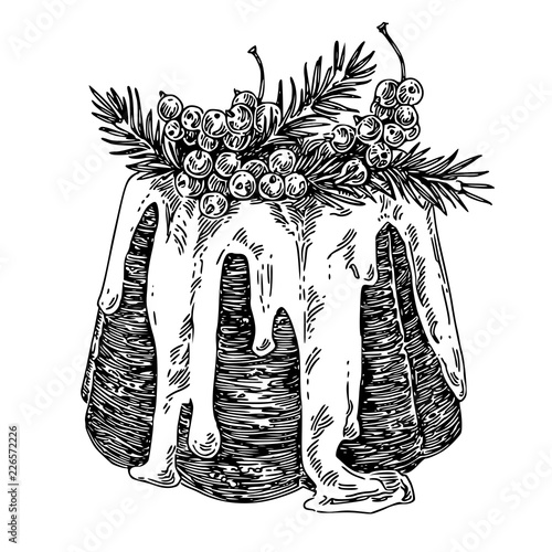 Christmas holiday cake decorated with fir branches and currants. Sketch. Engraving style. Vector illustration.