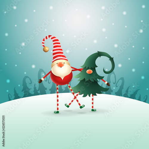 Happy Christmas Scandinavian Gnomes friends playing and dancing - green blue winter night landscape