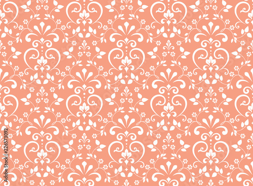 Wallpaper in the style of Baroque. Seamless vector background. White and pink floral ornament. Graphic pattern for fabric, wallpaper, packaging. Ornate Damask flower ornament