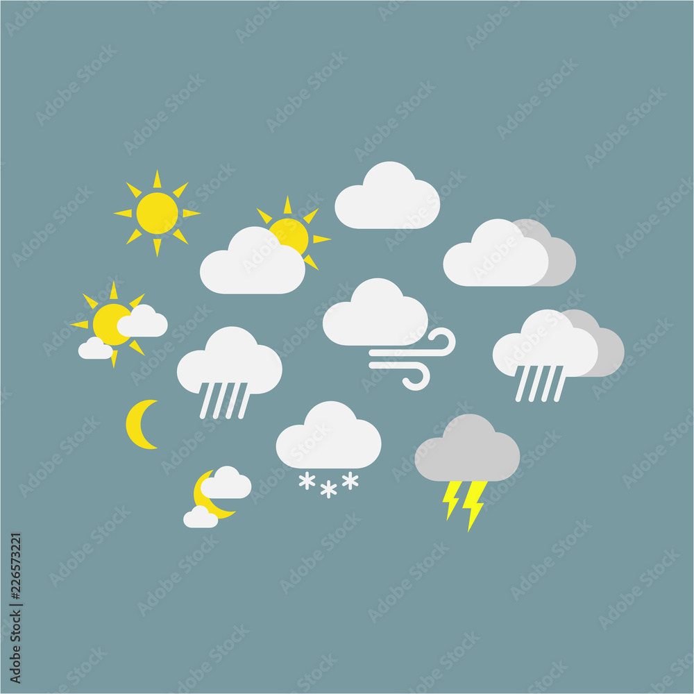 Weather forecast vector icon symbols. Colorful sunny, rainy, snowy, windy  icons. Clouds, sun, snowflake icons. Stock Vector