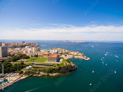 Fototapeta Naklejka Na Ścianę i Meble -  Aerial view of Marseille pier - Vieux Port, Saint Jean castle, and mucem in south of France