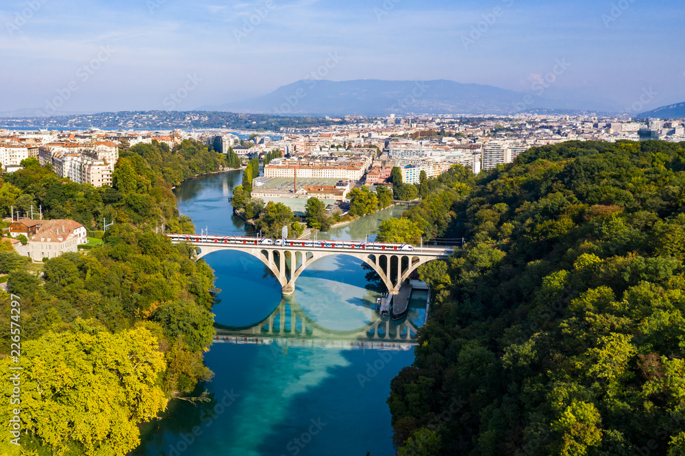 Aerial view of Arve an Rhone river confluent in  Geneva Switzerland