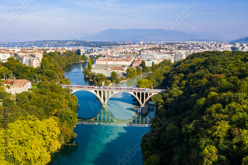 Aerial view of Arve an Rhone river confluent in Geneva Switzerland