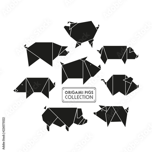 Origami pigs icon set. Abstract black pig, boar sign silhouette isolated on white. Freehand drawn cut out paper domestic swine animal emblem. Template geometric logo design. Vector symbol illustration