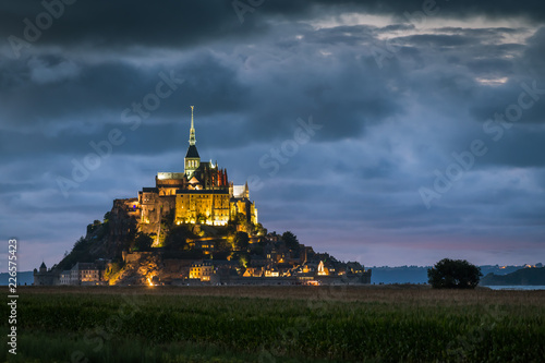 After sunset at Le Mont Saint Michelle in summer, blue hour