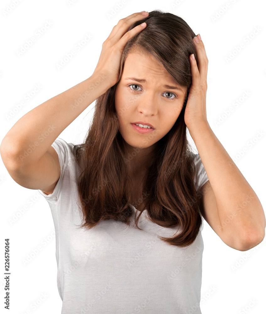Pretty young woman with headache isolated on white background Pretty young woman with headache isolated on white background