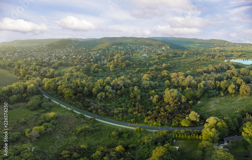 Evening drone aerial panoramic picture from a Hungarian landscape , near the lake Balaton
