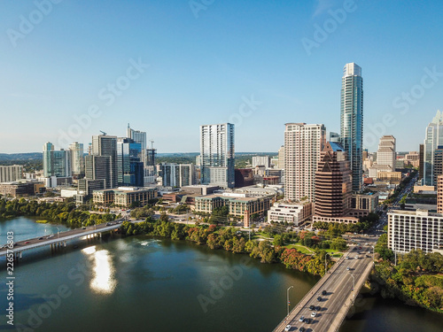 Aerial of Auston Texas from the Congress Avenue Bridge next to the Statesmans Bat Observation Center © Christian Hinkle