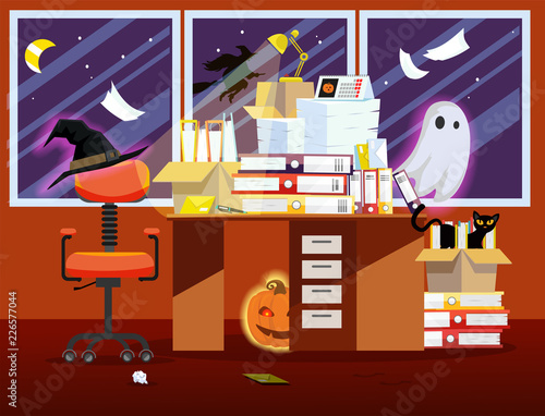 Work place on holiday Halloween in orange color . Flat illustration of office room interior with pumpkin, glowing ghost, even cat, witch hat and Pile of paper documents, file folders in boxes on table