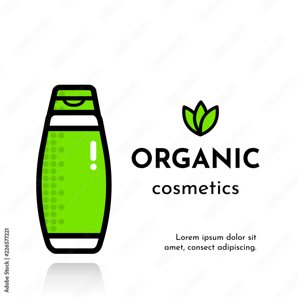 Vector flat illustration card with icon bottle for shampoo, shower gel, liquid soap, lotion, cream or etc. Text: Organic cosmetics. Logo with 3 green leaf. Vector flat illustration card with icon bottle for shampoo, shower gel, liquid soap, lotion, cream or etc. Text: Organic cosmetics. Logo with 3 green leaf.