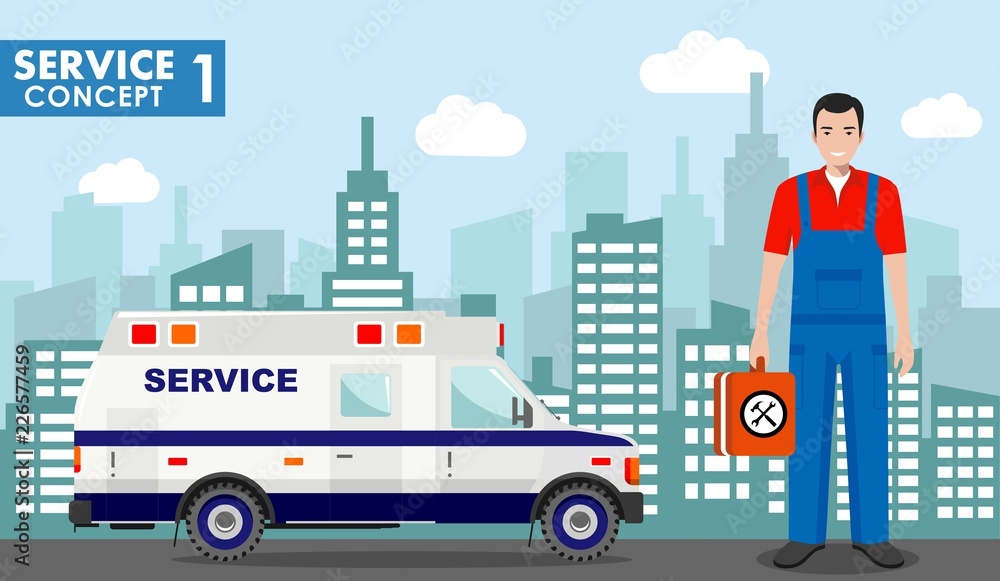 Repair service concept. Detailed illustration of service machine and master repairer on background with cityscape in flat style. Vector illustration.