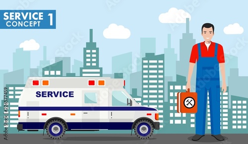 Repair service concept. Detailed illustration of service machine and master repairer on background with cityscape in flat style. Vector illustration.