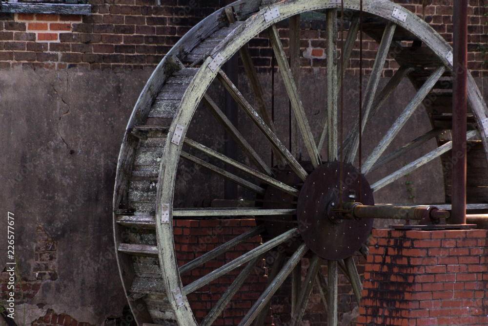 Closeup of an overshot wheel from the Old Lindale Grist Mill in Georgia