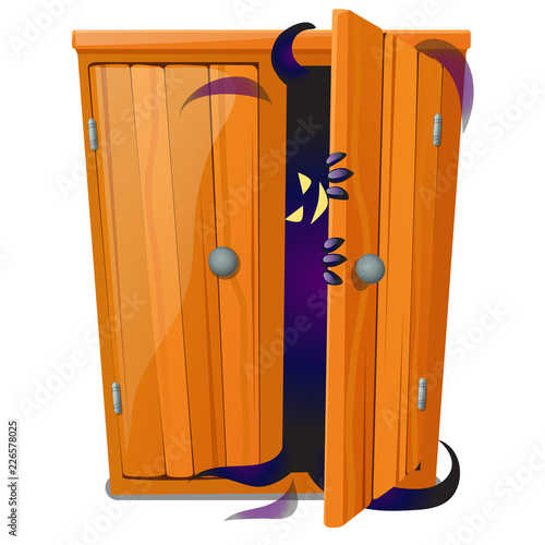 A Ghost peeks out of the closet isolated on white background. Sketch for a poster or card for the holiday of all evil spirits Halloween. Vector cartoon close-up illustration.