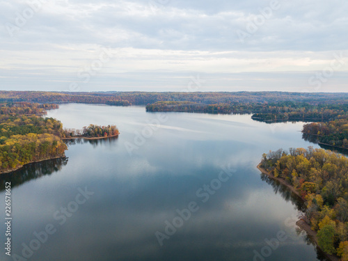 Aerial of Loch Raven Reservoir in Baltimore County  Maryland during Fall