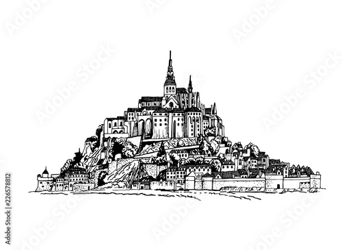 Graphical Mont Saint -Michel medieval castle isolated on white, French sightseeing,vector