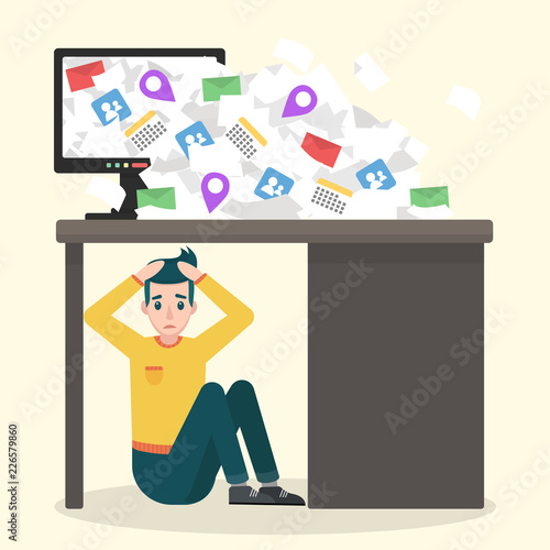 Young upset man sitting under the table. Information overload vector concept. Flat design illustration of receiving too much email correspondence.