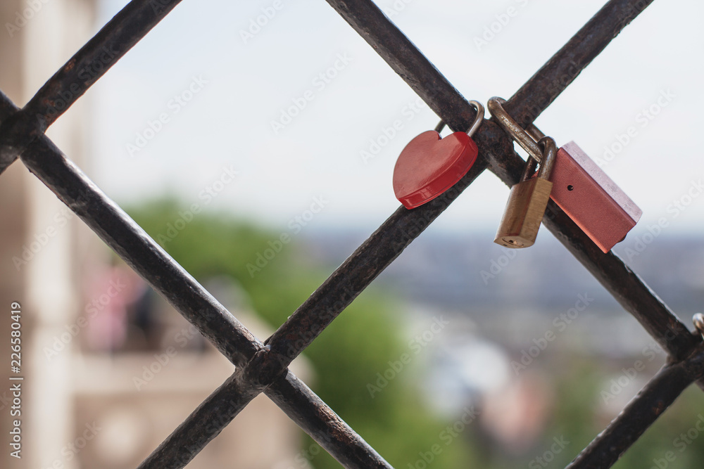 Obraz premium two locks on a metal grill, a romantic wedding tradition