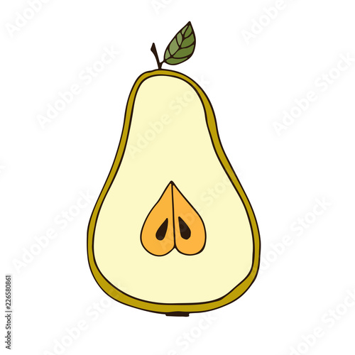 Pear slice icon. Fruit sticker. Vegetarian logo design