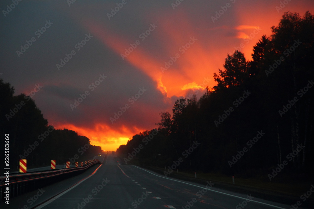 Evening empty suburban highway after rain on the background of a fiery blazing sunset over the forest - bright orange sun with rays going into the sky shines through the silhouettes of woods