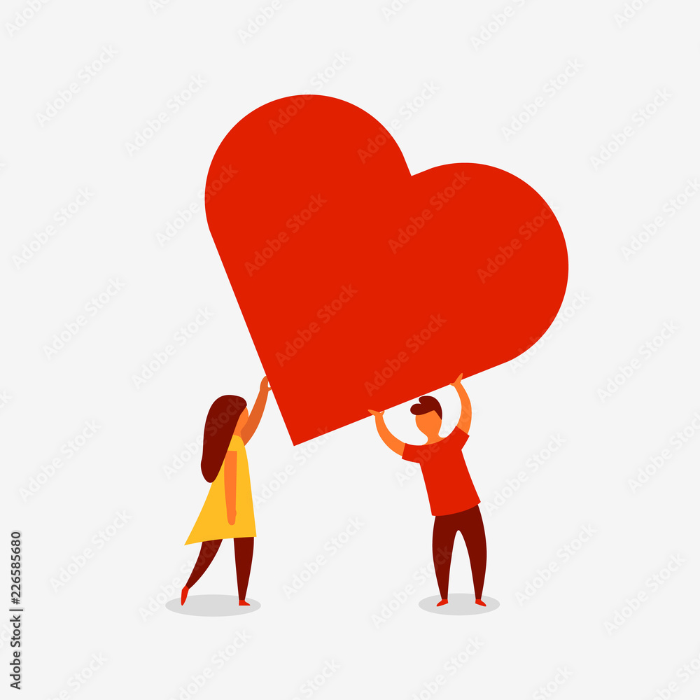 Man and woman holding big red heart. Valenine day. Love and relationship. Vector illustration Man and woman holding big red heart. Valenine day. Love and relationship. Vector illustration