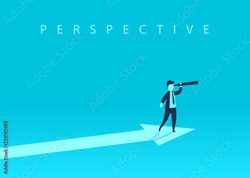 Business growth concept with upward arrow and a businessman looking forward through the telescope. A symbol of success, achievement. Vector illustration.