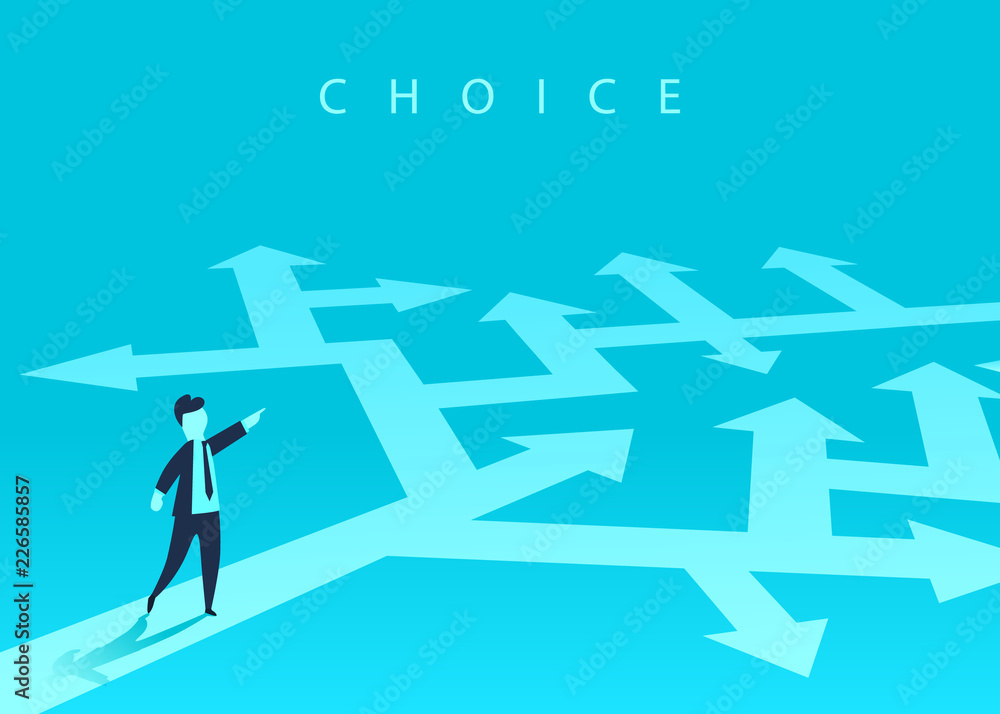The concept of choosing the way of business and a businessman showing the direction. Problem solving, way to success. Vector illustration. - obrazy, fototapety, plakaty 