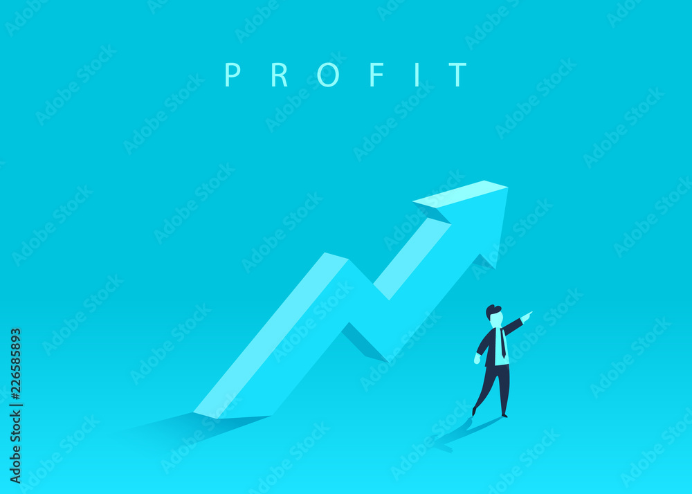 Concept of business growth with an upward arrow and a businessman showing the direction. Symbol of success, achievement. Vector illustration. Concept of business growth with an upward arrow and a businessman showing the direction. Symbol of success, achievement. Vector illustration.