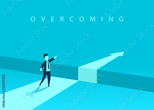 Businessman standing in front of the obstacle, gap on the way to success, business concept of solving the problem. Problems and overcoming obstacles. Vector illustration