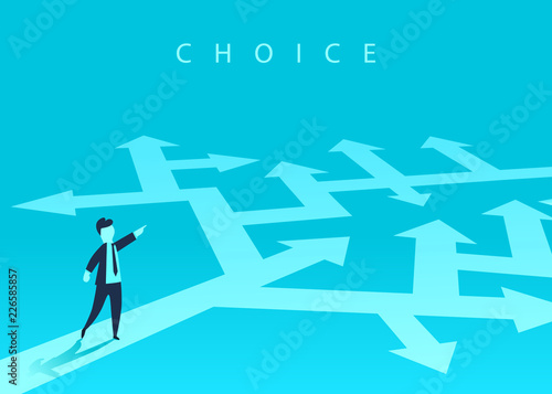 The concept of choosing the way of business and a businessman showing the direction. Problem solving, way to success. Vector illustration.