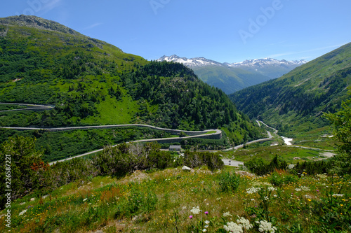 Summer landscape of Switzerland mountain nature, road to Furkapass