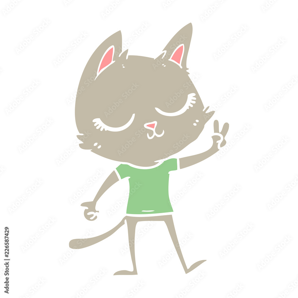 calm flat color style cartoon cat giving peace sign calm flat color style cartoon cat giving peace sign