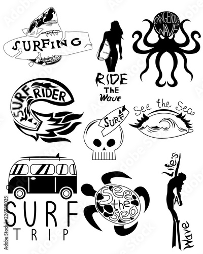 Main surfboard set retro car board shark waves and stuff black and white serfing.