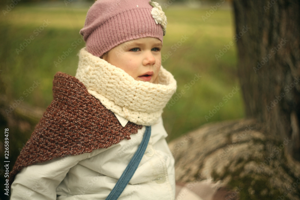 little girl in autumn clothes sit on the tree little girl in autumn clothes sit on the tree