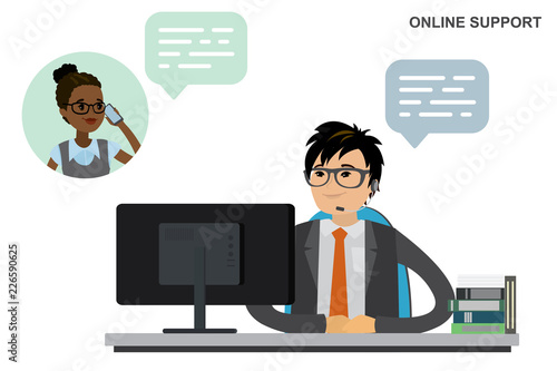 asian male operator behind a desk and african american female consumer is calling by phone