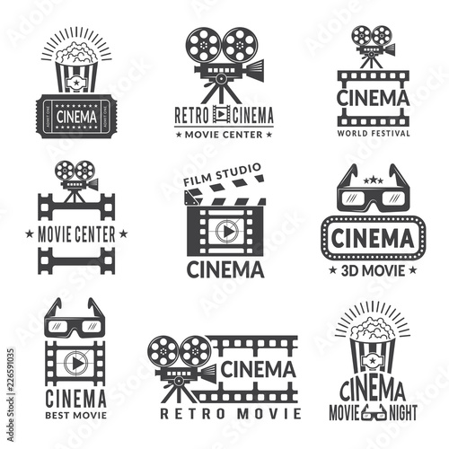 Video labels set. Cinema production badges in monochrome style. Cinema film center, movie and entertainment, production cinematography, vector illustration