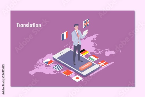 Online translator isometric flat vector illustration concept