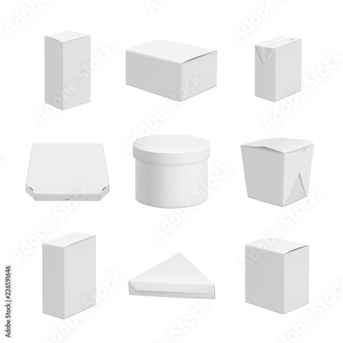 White packages. Realistic template of empty packs. Vector pack and package, packaging box cardboard illustration