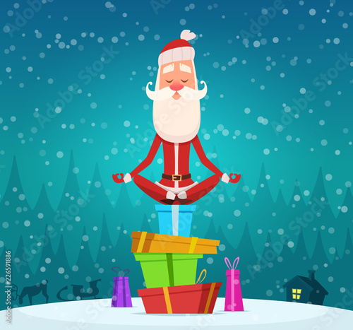 Santa relax meditation. Winter christmas holiday character santa claus doing yoga exercices outdoor vector mascot design. Illustration of santa claus yoga sit on gifts pile