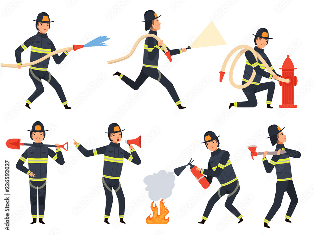 Fireman characters. Rescue firefighter saving helping people water and fire vector mascots in action poses. Firefighter character, fireman fighter illustration